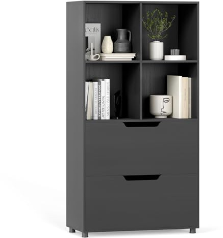 COSTWAY 4-Würfel Bücherregal mit 2 Schubladen, 5-stufiges freistehendes Bücherschrank, offenes Würfelregal Holz, Aufbewahrungsschrank für Wohnzimmer, Büro, 70 x 33,5 x 130 cm (Schwarz)