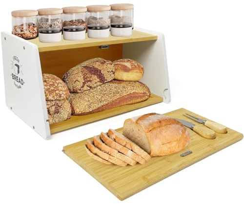 MinBoo Panera de bambú para encimera de cocina, con tabla de cortar y cuchillo, fiambrera para pan casero, 38 x 20 x 24 cm (largo x ancho x alto), requiere montaje (color natural)