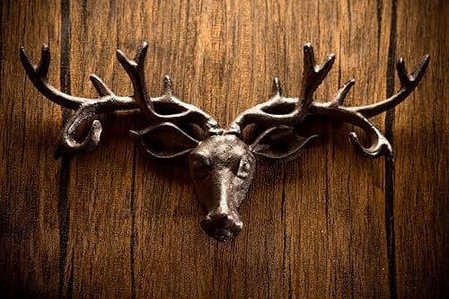 Homezone® Hirschkopf mit 6 Haken in Geweihform, Gusseisen, Vintage-Stil, braun Wandgarderobe, Wandhaken, Schlüsselhalter. Rustikale Wandskulptur für Haus oder Garten.