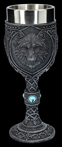 Figuren Shop GmbH Gothic Kelch - Nacht Wolf mit blauen Schmucksteinen | handbemalt, Fantasy