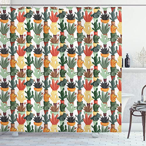 ABAKUHAUS Kaktus Duschvorhang, Mexikanischer Sukkulente, Stoffliches Gewebe Badezimmerdekorationsset mit Haken, 175 x 180 cm, Grün Orange
