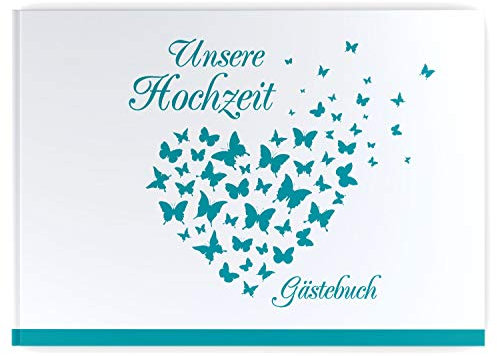 DeinWeddingshop Gästebuch Hochzeit Schmetterling - Hardcover, ohne Fragen, A4 quer, Butterfly Heart (türkis)