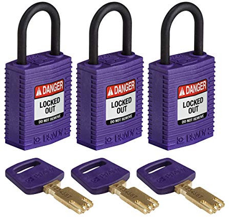 Brady SafeKey Candado de bloqueo de nailon, morado, 2,5 cm, plástico, con llave similar, 3 unidades
