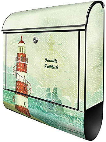 banjado® Design Briefkasten personalisiert Alter Leuchtturm 38,5x46,5x13cm & 2 Schlüssel - Briefkasten Stahl schwarz Zeitungsfach pulverbeschichtet - Postkasten A4 Einwurf inkl. Montagematerial
