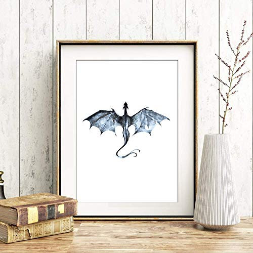 Kunstdruck Din A4 ungerahmt Drache Drachen Dragon Fantasy Aquarell Blau Grau Poster Bild