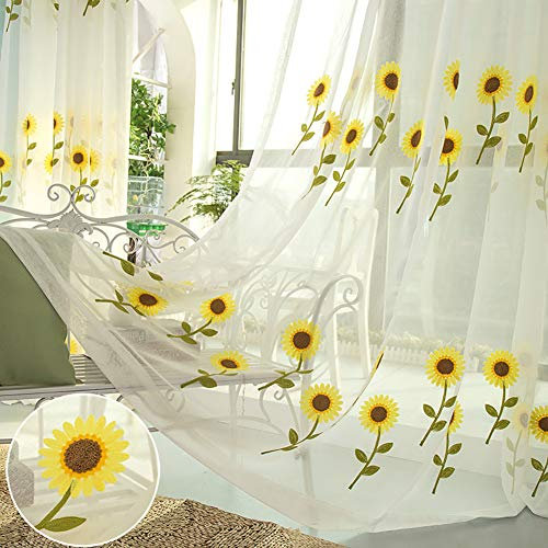 Lsimeru Sonnenblume Gardinen Kinderzimmer Mädchen Transparent Blumen Kräuselband Kurz 2 Stücke Vorhänge Durchsichtig Schals Fensterschal für Babyzimmer 140x160