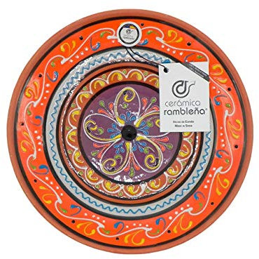 CERÁMICA RAMBLEÑA | Dekorativer Teller zum Aufhängen | Keramikteller | Mediterraner Dekoteller Orange-Weiß-Violett | 100% Handarbeit | 28x28x4.5 cm