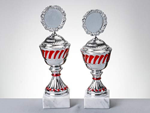 Henecka Pokal Serie Larino, Silber-rot, mit Wunschgravur, individuellem Sport-Emblem, wählbar in 2 Größen (Höhe 263 mm)