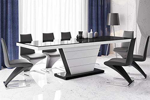 Furniture24 Design Esstisch Vega ausziehbar 160-256 cm Hochglanz Acryl Tisch Küchentisch Wohnzimmertisch Saülentisch (Schwarz Hochglanz/Weiß Hochglanz/Schwarz Hochglanz)