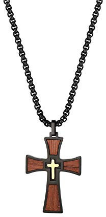 Flongo Herren-Kette Rosenkranz Holz Kreuz Kette Männer Anhänger Halskette Schwarz Herren-Accessoires
