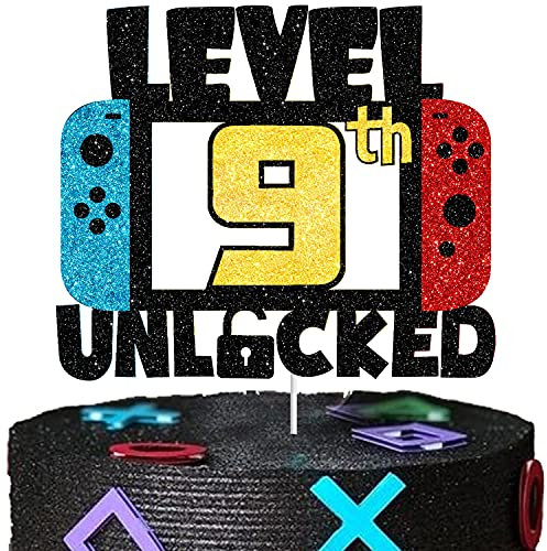 9 LEVEL UNLOCKED Birthday Cake Topper - 9th Happy Birthday Gamepad Cake Topper - Video Game Kids Boy Girl Bday Party Decorations Supplies - Handmade black gold red blue Glitter