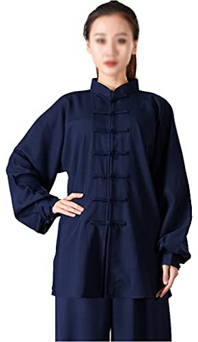 ZHOUXIAO Baumwollleinen Taichi Uniform Frau Stretch Martial Arts Anzug Kung Fu Kleidung Zen Meditation Kleidung Morning Übungen Kleidung Langarm Jacke Hemd Hosen cyan1-L