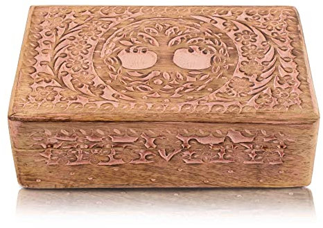 Tolles Geburtstagsgeschenke Handgemachte dekorative hölzerne Schmuckkasten Baum des Lebens Carving Schmuck Organizer Andenkenkasten Schatztruhe Schmuckstück Halter Aufbewahrung Schloss Box (Pink)