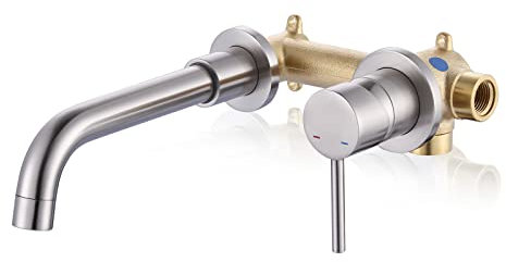 ARCORA Wandmontage-Badezimmerarmatur, Einhebel-Messing-Waschbeckenarmatur, gebürstetes Nickel, Waschtischarmatur, schwenkbarer Auslauf, Waschbeckenarmatur mit Rough-in-Ventil