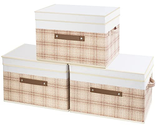 TYEERS Collapsible Storage Box with Lid, Patchwork Design, Decorative, Fabric Storage Box for Clothes, Wardrobe Storage, 38x25x25 cm, Set of 3, Camel Tan
