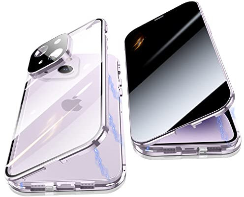 Jonwelsy Anti Peeping Hülle für iPhone 14 (6.1), 360 Grad Schutz Case, Privatsphäre Gehärtetes Glas Anti-Spähen Cover, Stark Magnetische Adsorption Metallrahmen Handyhülle für iPhone 14 (Violett)