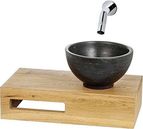 Saqu Nature Collection Waschbecken mit Unterschrank Vormontiert - mit Ablage und Waschbecken rechts Eiche/Naturstein - Kleines Gäste WC Bad Möbel mit Waschtisch