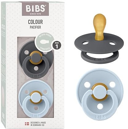 BIBS Colour Symmetrical Schnuller 2er Pack, BPA-frei Dummy-Schnuller, Symmetrischer Nippel. Naturkautschuk/Latex, Hergestellt in Dänemark. 0-6 Monate (2er Pack), Iron/Baby Blue