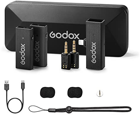 GODOX Microphone Cravate sans Fil pour iphone, 2.4G Microphone de Lavalier, Portée de 100m avec étui de Chargement, Annulation du Bruit, pour Caméras, Vlogging, Interviews(MoveLink Mini LT Kit 2)