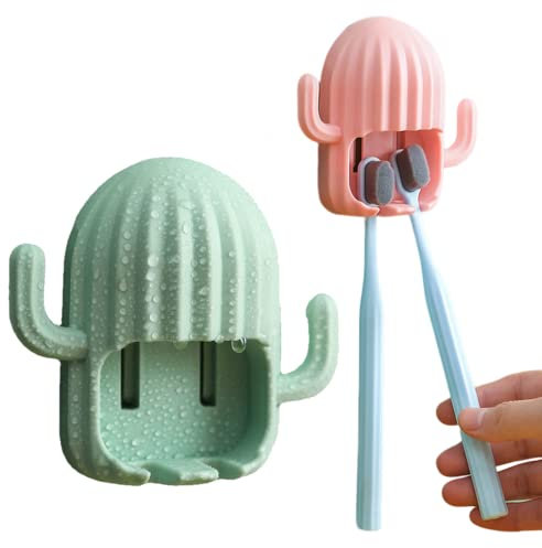 2 Stücke Zahnbürste Halter Wand Montiert Nette Durable Kunststoff Zahnbürstenhalter Lustige Badezimmer Kaktus Zahnbürstenhalter (Rosa/Grün) Zahnbürstenhalter Für Kinder Bürstenhalter