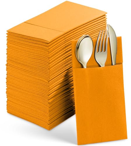 50 Einweg-Servietten mit Leinen-Haptik, mit integrierter Bestecktasche, Luminuos Orange, vorgefaltete Stoffservietten für Thanksgiving, Hochzeit, Abendessen oder Party