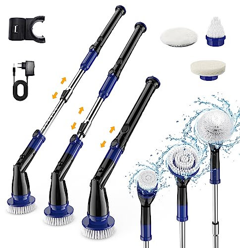 Brosse Electrique Nettoyage, Brosse Rotative Nettoyage sans Fil Vitesse de 420 RPM Vitesse avec 6 Têtes de Brosse Interchangeables et Poignée D'extension Réglable pour Salle de Bain, Cuisine, Voiture