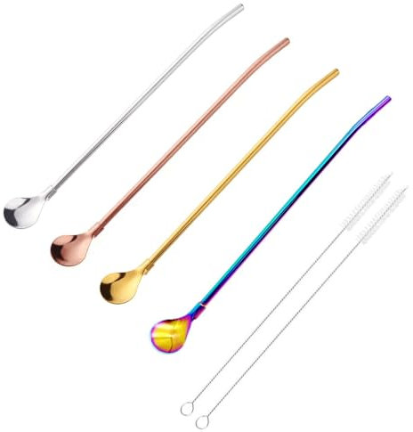 JZK 4 x cucchiaio multicolore in acciaio inox con cannuccia riutilizzabile in metallo 2 in 1 con 2 spazzole per la pulizia per frullati, frappè, caffè, cocktail
