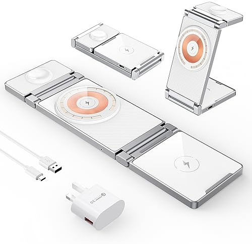Magnetic Charging Station,Hohosb 3 in 1 Foldable Zinc Alloy Wireless Charger Stand[Compatible with Magsafe Charger] for iPhone 15/14/13/12 Series, AirPods Pro/3/2,Apple Watch/iWatch-White