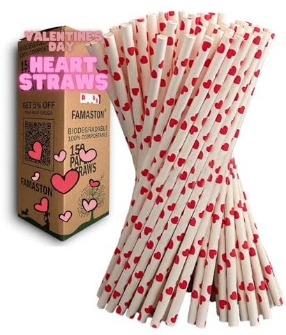 Biodegradable Red Hearts Paper Straws - Love Valentine’s Day Cake Pop Sticks for Weddings, Birthdays, Anniversaries, Holiday Celebrations, and Party Decor - Disposable Drinking Straws