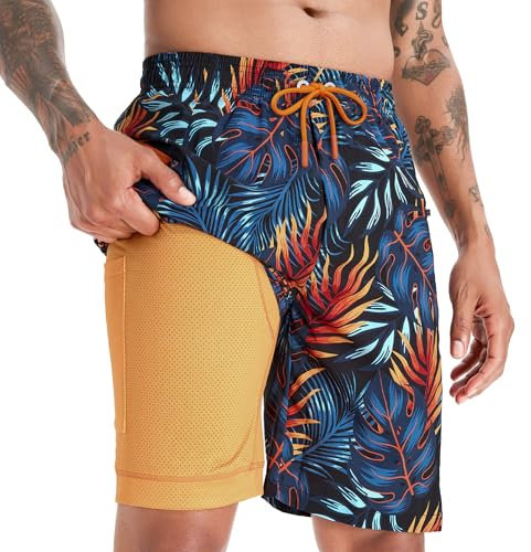 APTRO Costumi Pantaloncini da Bagno Uomo Mare Surf Piscina Stampa Hawaiana Estiva Grande Asciugatura Rapida con Fodera in Rete Palma Giallo Blu MK281 XL
