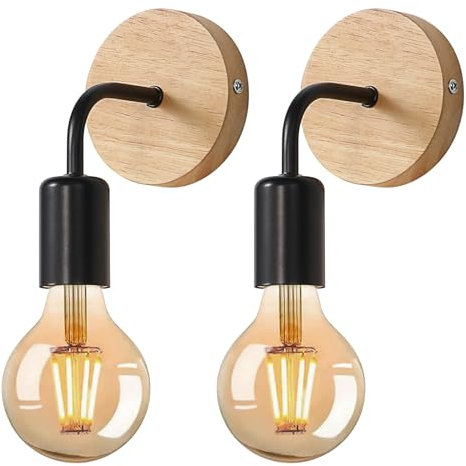 Tealight Lámparas de Pared Vintage 2 Piezas, Aplique Pared Interior de Madera Metal Industrial, Luz de Pared Retro E27 para Dormitorio, Pasillo, Cocina, Café, Negro