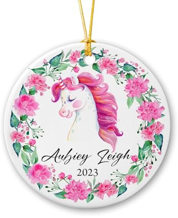 Christbaumschmuck Keramik Weihnachtsanhänger Anhänger Weihnachtsbaumschmuck Hängende Ornamente Weihnachtsdeko Personalisierter Einhorn-Name, Einhorn-Kranz, Einhorn-Babys Erstes Jahr 2023,