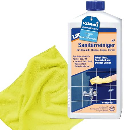 1x Lithofin KF Sanitärreiniger 1 Liter 11111, inklusive 1x kör4u Mikrofasertuch gelb