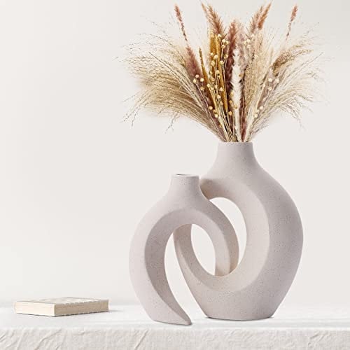 SUKIYPO Set di 2 Vaso Cavi in Ceramica, Vaso Decorativo da Interno Moderno Beige per Nordico, Arredamento Casa Vasi di Fiori Estetici Boho Rotondi per Casa, Decorazioni Casa Vase, Beige