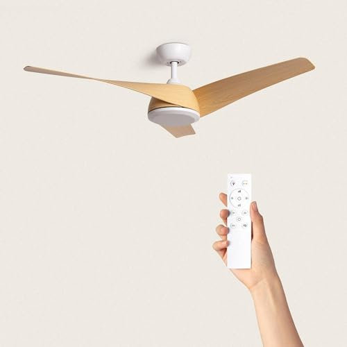 TECHBREY - Ventilador de Techo Silencioso 132cm | Motor DC Eficiente | 6 Velocidades | Modo Verano-Invierno | Mando a Distancia, Madera, Blanco, Acrilonitrilo Butadieno Estireno