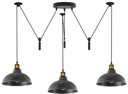 LEDSone Industrie-Pendelleuchte mit 3 verstellbaren Köpfen, Flaschenzugsystem, langlebiger Metallkonstruktion, 200 cm verstellbarem Kabel (gebürstetes Silber)
