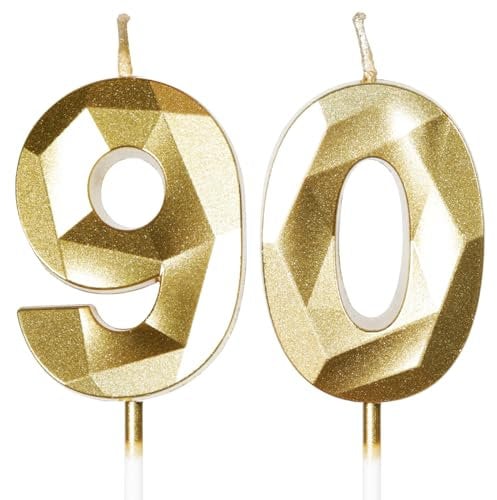 Gold 90th Birthday Candles - Number 90 Candle, Happy Birthday Candle Toppers for Cake, Party & Wedding Celebrations