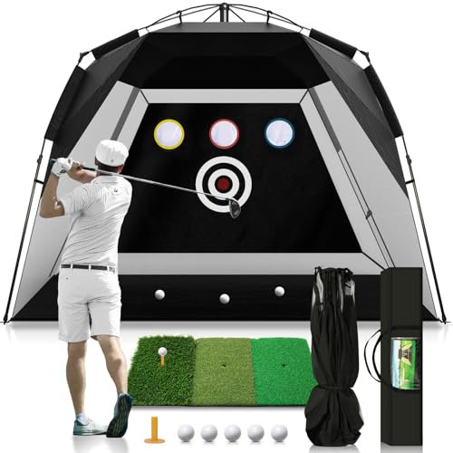 Foldable Golf Net 10x7FT: Easy POP UP Golf Hitting Net with Tri-Turf Mat - All in 1 Home Golf Practice Nets for Backyard Driving Chipping Swing Training with Travel Bag - Gifts for Dad Men Golfers
