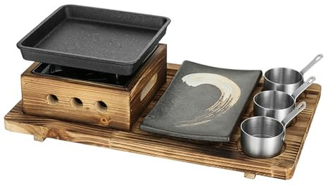 UGCER Japanisches BBQ-Grill-Set, tragbarer Alkohol-Grillherd mit antihaftbeschichteter Backform, Essteller, Gewürzbechern und Holzsockel für Yakiniku, Yakitori,A