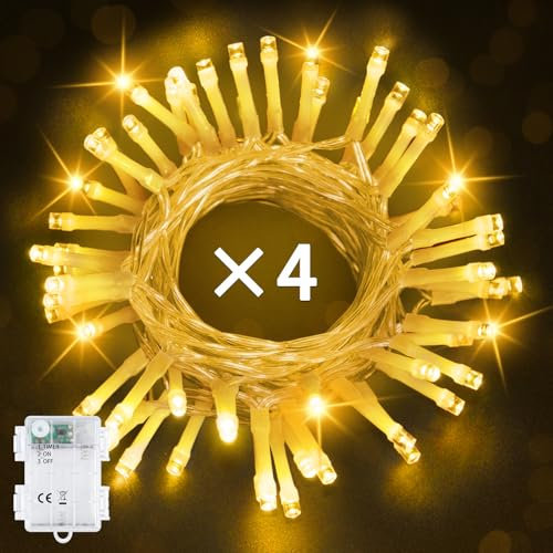 Bowfar Lichterkette Außen Batterie, 5M 50LED Warmweiß Lichterkette mit 6h Timer, IP65 Wasserdicht Lichterkette Batterie für Innen Zimmer Party Weihnachten Outdoor (4 Stücke, Durchsichtigen Kabel)