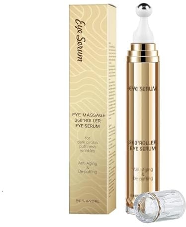 Koffein-Augenserum, Hyaluronsäure-Augencreme Gegen Augenringe und Schwellungen, Augenpflege, Anti-Aging-Augenserum mit 360°-Massageball, Reduziert Tränensäcke, Fältchen und Feine Linien (20ML)