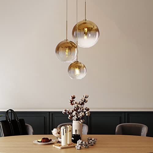 MQDLJSE Suspension Globe Doré avec Abat-Jour en Verre Tan Dégradé 3 Lumières Lampe de Table à Manger Lampe Suspendue Lustre Réglable E27 Boutique Décoration Plafonniers pour Cuisine Bars R