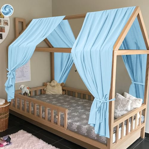 HOTUT Hausbett Himmel,2 Stück Betthimmel Babybett aus Musselin,Weich und atmungsaktiv Baldachin Kinderzimmer Deko,Babybett Himmel Deko Set für Mädchen & Jungen-62 x 270cm Himmelblau