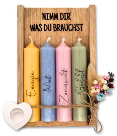 HolmCraft - Nimm dir was du brauchst | Kerzenset mit Kerzenständer | Handgefertigt | Perfekte Geschenkidee zum - Geburtstag, für Frauen, Freundin & Schwester | Wunscherfüller (gelb, blau, rosa, grün)