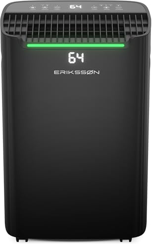 Erikssøn Deshumidificador Dry Pro Plus - Deshumidifica Hasta 20 Litros Al Día - Función Lavadora-Seca - Adecuado Para Dormitorio, Baño, Salón Y Sótano - Deshumidificador - Negro