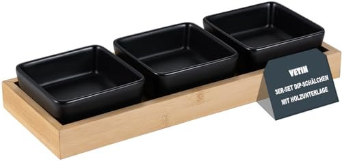 VETIN 3 * Dipschalen Set mit Brett Holz, Servierschalen Set, Snackschalen (Schwarzes 3er-Set)