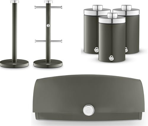 Swan Townhouse Graphite Bread Bin, Tea, Coffee, Sugar Canisters, Mug Tree & Towel Pole. Contemporary Matching Kitchen Storage Set of 6 in Graphite Grey