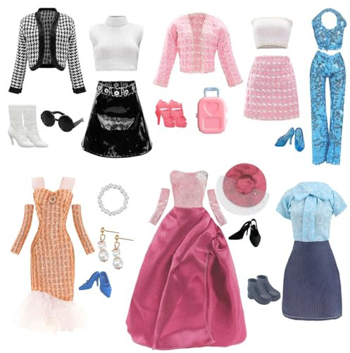 Abbigliamento compatibile con l'abbigliamento Barbie, include un abito a rosa, altri 5 set di moda e 6 paia di scarpe, una valigia, una collana di perline, un paio di orecchini di perle e occhiali