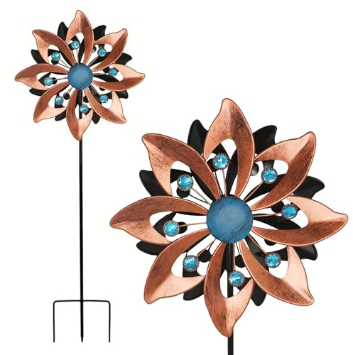 Inscrip Gartenstecker Windmühle, 145x31cm Garten Windrad, Windspiel für den draußen aus Metall, Gartenstecker Windspiel für Terrasse Rasen und GartenDekor, Garten Vogelabwehr Windmühle (Messing 2#)