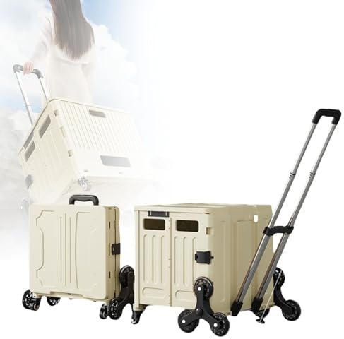 TBMTOAL Einkaufstrolley Klappbar,Klappbox Transport Trolley,Verstellbarer Griff, Mit Rollen,4 Um 360° Drehbare Metallrad Einkaufskorb Mit Deckel White,B